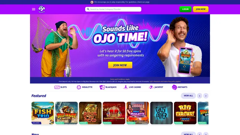 PlayOjo homepage screenshot